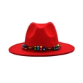 Red wool fedora hat for women and men featuring a colorful ethnic style beaded band - M (56-58cm) / Red