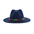 Dark blue wide brim wool fedora with colorful beaded ethnic style decorative band - M (56-58cm) / Navy Blue