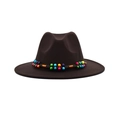 Detail of coffee wool fedora hat featuring a colorful beaded decorative band and felt texture - M (56-58cm) / Coffee