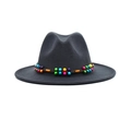 Close-up of a wide brim felt fedora hat featuring colorful beads and woven band detail - M (56-58cm) / Dark Gray
