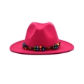 Detail of rose red wool fedora hat with bohemian colorful wooden beads and black band - M (56-58cm) / Hot Pink