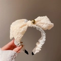 Creamy white oversized pleated bow hair claw clip with pearl and metal bead accents - 9# Headband