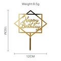 Detailed size chart of gold acrylic Happy Birthday cake topper showing 15cm height and 12cm width - Style-2 (Gold Diamond)