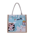 Hellblaue Einkaufstasche mit Milch-Cartoon-Muster, Leinenbesatz und Baumwollkordelgriff - Milch