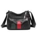 Sac bandoulière femme en cuir de mouton noir avec plusieurs poches zippées et accents - Noir avec rayures rouges et vertes