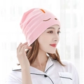 Pink knitted postpartum beanie featuring a cute cartoon rabbit embroidery for women - Long Ear Rabbit / Pink