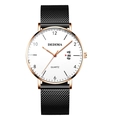 Flache Quarzuhr in Roségold mit weißem Zifferblatt und schwarzem Milanaise-Armband - Schwarzes Netzarmband Roségold Gehäuse Weißes Zifferblatt