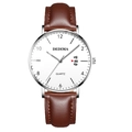Ultrathin men's quartz watch with silver steel case, white dial, and brown leather strap - Brown Leather Strap Silver Case White Dial