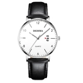 Ultrathin men's quartz watch with white dial, black leather strap, and date display - Black Leather Strap Silver Case White Dial