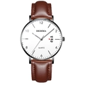 Slim men's quartz watch with white dial, brown leather strap, and date display - Brown Leather Black Case White Dial