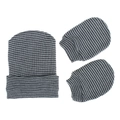 Detail of grey striped newborn knit hat and mittens set in soft cotton material - Black & White Stripes
