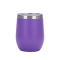 Detail view of a 12oz purple U-shaped egg cup with a clear plastic lid on white background - Purple