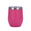 Close-up of 12oz pink matte vacuum tumbler with transparent lid and stainless rim - Deep Pink