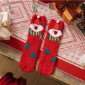 Red coral fleece Christmas socks featuring plush snowman and green tree patterns - One Size / Funny Clown Snowman