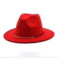Classic red wool felt jazz fedora hat with black band and gold metallic trim - M (56-58cm) / Red