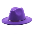 Close-up of purple wool fedora hat featuring a black ribbon and gold metal buckle - M (56-58cm) / Purple