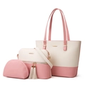 Three-piece pink and beige tote bag set with crossbody bag and clutch on white background - White and Pink