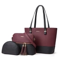 Three-piece tote bag set in burgundy and black faux leather with gold tassels - Purple and Black