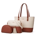 Driedelige handtassenset in beige en bruin PU-leer met goudkleurige hardware details - Wit en Bruin