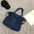 Große dunkelblaue Denim-Tragetasche mit praktischen Taschen und verstellbarem Gurt - Dunkelblau