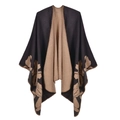 Reversible floral knit poncho wrap for women in black and khaki thick cashmere-like fabric - 135x155cm / Double-Sided Large Floral Coffee