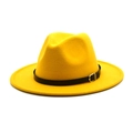 Bright yellow wool wide brim fedora hat with black leather belt and gold buckle - M (56-58cm) / Yellow
