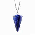 Blue natural stone hexagonal cone pendant necklace with silver link chain in white background - Small 21MMX14MM / Lapis Lazuli Style (Small)