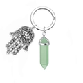 Hamsa Hand keychain featuring a green hexagonal crystal pendant on silver metal hardware - Green Aventurine