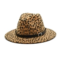 Close-up of leopard print fedora hat featuring a black leather band and silver buckle detail - M (56-58cm) / Camel