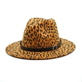 Stylish leopard print wool fedora hat with a wide brim and black belt buckle decor - M (56-58cm) / Khaki