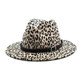 Detail of leopard print fedora hat with a black leather belt and silver metal buckle - M (56-58cm) / White