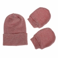 Detail of red and white striped knit baby hat and matching gloves set on white background - Red White