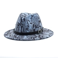 Close-up of blue and black snakeskin pattern felt fedora hat with black leather band - M(56-58cm) / Blue