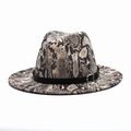 Flat lay of a beige snake print fedora hat with black leather band and metal buckle - M(56-58cm) / Beige