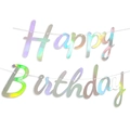 Holographic laser Happy Birthday banner with metallic rainbow effect for party decoration - New Style Iridescent Silver Joined Letters