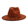 Classic orange leopard print fedora hat with black wide brim and gold metal accent - M(56-58cm) / Burgundy