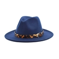 Classic navy blue wool fedora hat with a leopard print band and metal buckle detail - M(56-58cm) / Navy Blue