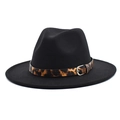 Detail of wide brim black wool fedora featuring a stylish leopard print band and silver buckle - M(56-58cm) / Black