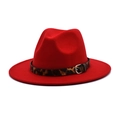 Red wool fedora hat for men and women featuring a leopard print band and metal buckle - M(56-58cm) / Red