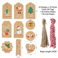 100pcs Christmas kraft paper gift tags set with assorted holiday patterns and strings - Style D (10 Patterns) / 100 Tags + 50 Jute Ropes + 50 Cotton Ropes