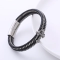 Bracciale da uomo in pelle intrecciata con croce e chiusura magnetica su ceramica bianca - Stile Croce / Nero