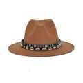 Close-up of camel wool fedora hat featuring ethnic striped band and shell bead accents - M (56-58cm) / Camel