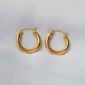 Chic gold plated brass thick hoop earrings on a light blue textured fabric background - Gold