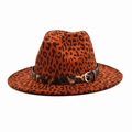 Detailed close-up of orange leopard print wool fedora hat with belted buckle trim - M (56-58cm) / Burgundy