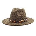 Classic leopard print fedora hat with wide flat brim and metallic buckle decoration - M (56-58cm) / Army Green
