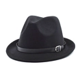 Chapeau fedora élégant en laine noire avec bord plat et ruban en cuir pour l'automne - M (56-58cm) / Noir