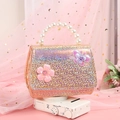 Pink gold sequin mini children purse with pearl handle and floral butterfly decor - Gold