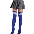 Royal blue over-the-knee socks with three white stripes paired with a pleated skirt - L (Height 52cm) / Blue with Three White Stripes
