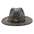Cappello fedora in lana leopardata grigia con fascia decorativa e pietra turchese - M(56-58cm) / Grigio