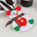 Close-up of a snowman-shaped fabric cutlery holder with a plaid scarf and wooden button - Snowman with Heart Style